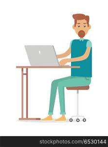 Man with Beard Sitting at Desk Working on Notebook. Man with beard sitting at desk and working on notebook computer. Workplace, make money online, e-business, e-learning, concept. Man busy working on laptop computer. Illustration in flat style. Vector