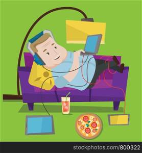 Man with belly relaxing on a sofa with many gadgets. Man lying on a sofa surrounded by gadgets and fast food. Fat man using gadgets at home. Vector flat design illustration. Square layout.. Man lying on sofa with many gadgets.