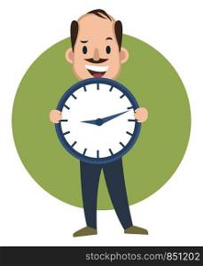 Man with big clock, illustration, vector on white background.