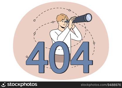 Man with binocular tube on Page Not Found Background. Male looking for information on internet see error page. Vector illustration.. Man see error page on internet