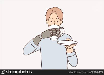 Man with bionic prosthetic arm drinks coffee feeling like complete person thanks to innovations in medicine. Guy uses high-tech prosthetic hand and enjoys life holding mug of hot tea. Man with bionic prosthetic arm drinks coffee from cup thanks to innovations in medicine