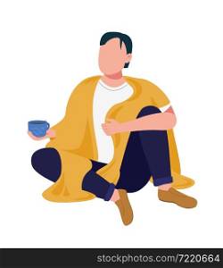 Man with blanket semi flat color vector character. Sitting figure. Full body person on white. Comfortable life isolated modern cartoon style illustration for graphic design and animation. Man with blanket semi flat color vector character