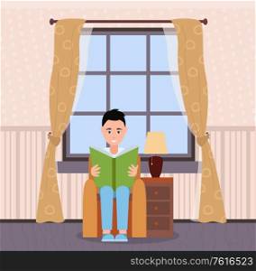 Man with book at home vector, person having calm day. Room interior, chamber with armchair and drawers, lamp and curtains on big window, large apartment. Person Reading Book at Home Sitting in Armchair