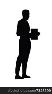 Man with book in hands side view black silhouette giving information on vector illustration isolated on white background, icon of person. Man with Book in Hands Side View Black Silhouette