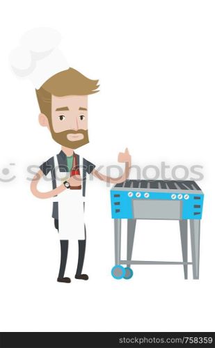 Man with bottle in hand cooking meat on gas barbecue grill and giving thumb up. Hipster man with beard cooking meat on barbecue grill. Vector flat design illustration isolated on white background.. Man cooking meat on gas barbecue grill.