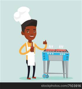 Man with bottle in hand cooking steak on gas barbecue grill and giving thumb up. An african-american man cooking steak on the barbecue grill outdoors. Vector flat design illustration. Square layout.. Man cooking steak on barbecue grill.