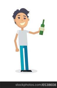Man with Bottle of Wine Isolated on White. Vector. Man with a bottle of wine isolated on white. Young man toast the success. Drunk boy with alcohol. Alcohol addicted person with a bottle of beer. Alcoholism. Vector illustration in the flat style.