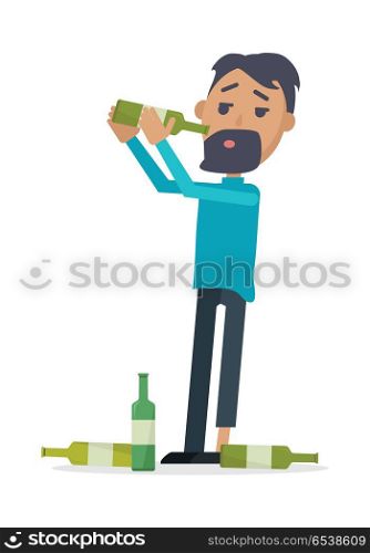 Man with Bottle of Wine Isolated on White. Vector. Man with bottle of wine isolated on white. A lot of empty bottles on the floor. Drunk boy with alcohol. Alcohol addicted person with bottles of beer. Alcoholism. Vector illustration in flat style.