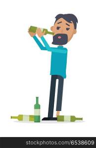 Man with Bottle of Wine Isolated on White. Vector. Man with bottle of wine isolated on white. A lot of empty bottles on the floor. Drunk boy with alcohol. Alcohol addicted person with bottles of beer. Alcoholism. Vector illustration in flat style.