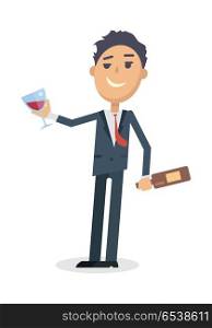 Man with Bottle of Wine Isolated on White. Vector. Man with bottle of wine and glass isolated on white. Young man toast the success. Drunk boy with alcohol. Alcohol addicted person with a bottle. Alcoholism. Vector illustration in flat style.
