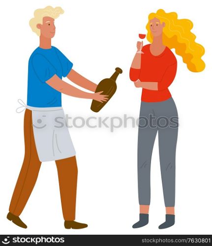 Man with bottle offering red wine to woman with glass. Female character tasting alcoholic beverage from grapes. Male waiter in apron. Vector illustration in flat cartoon style. Man Offering Wine to Woman with Glass Vector