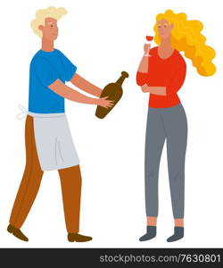 Man with bottle offering red wine to woman with glass. Female character tasting alcoholic beverage from grapes. Male waiter in apron. Vector illustration in flat cartoon style. Man Offering Wine to Woman with Glass Vector