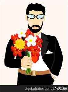 Man with bouquet flower. Young man with bouquet flower in hand
