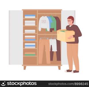 Man with box near open bedroom closet semi flat color vector character. Editable figure. Full body person on white. Simple cartoon style spot illustration for web graphic design and animation. Man with box near open bedroom closet semi flat color vector character