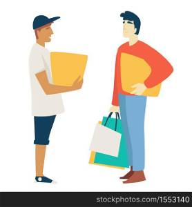 Man with box or parcel and guy with bags or packs shopping vector isolated male characters container and package buying clothes and goods customers friends talking delivery service worker or deliverer. Shopping man with box or parcel and guy with bags or packs