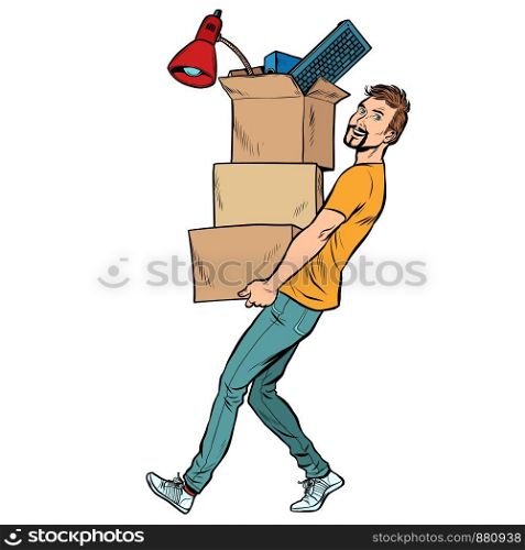 man with boxes moving. Pop art retro vector illustration drawing. man with boxes moving