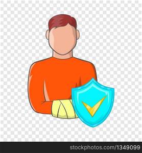 Man with broken arm and sky blue shield with tick icon in cartoon style on a background for any web design . Man with broken arm and sky blue shield icon