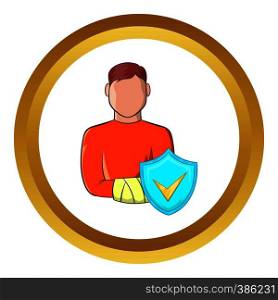 Man with broken arm and sky blue shield with tick vector icon in golden circle, cartoon style isolated on white background. Man with broken arm vector icon