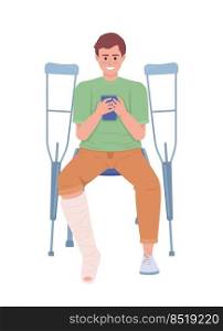 Man with broken leg looking at phone semi flat color vector character. Editable figure. Full body person on white. Traumatology simple cartoon style illustration for web graphic design and animation. Man with broken leg looking at phone semi flat color vector character