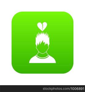 Man with broken red heart over head icon digital green for any design isolated on white vector illustration. Man with broken red heart over head icon digital green