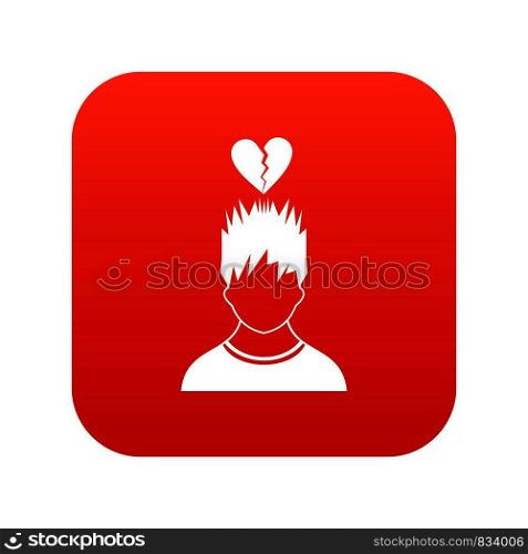 Man with broken red heart over head icon digital red for any design isolated on white vector illustration. Man with broken red heart over head icon digital red