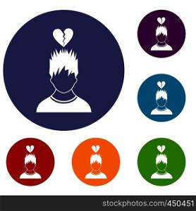Man with broken red heart over head icons set in flat circle reb, blue and green color for web. Man with broken red heart over head icons set