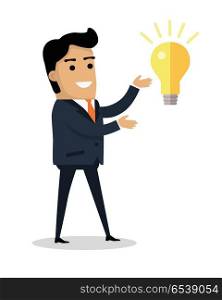 Man with Bulb Lamp Isolated. Boy Find Solution. Man with bulb lamp isolated. Happy boy find solution for problem. Successful idea banner. Satisfied male with results brainstorm isolated on white. Handsome man solved trouble. Vector illustration