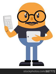 Man with calculator, illustration, vector on white background.