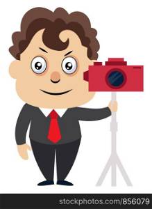 Man with camera, illustration, vector on white background.