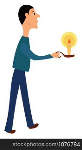Man with candle, illustration, vector on white background.
