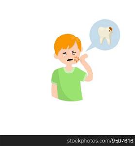 Man with caries. Bubble with Tooth decay icon. Pain in cheek. The dentist’s work. Health care. Cartoon flat illustration. Sad young Guy hold hand over head. Medical care. Man with caries. Bubble with Tooth