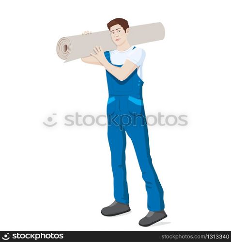 Man with carpet. Carpet installer holding rag. Young Repairman in blue overall carrying rolled mat on shoulder character vector illustration isolated in flat style.. Man with carpet. Carpet installer holding rag. Repairman carrying roll of mat on shoulder