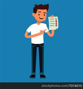 Man with checklist in hand. Vector illustration. Cartoon guy with paper sheet. Man with checklist in hand. Vector illustration
