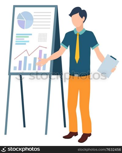 Man with clipboard giving presentation with key features vector, flat style character wearing formal clothes. Male with documents in hand, data and charts. Manager present business presentation. Whiteboard Presentation of Man Holding Clipboard
