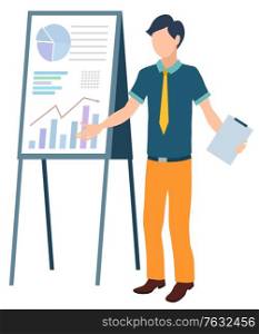 Man with clipboard giving presentation with key features vector, flat style character wearing formal clothes. Male with documents in hand, data and charts. Manager present business presentation. Whiteboard Presentation of Man Holding Clipboard