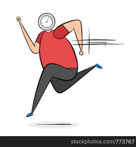 Man with clock head and running, hand-drawn vector illustration. Black outlines and colored.