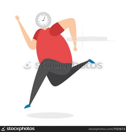 Man with clock head and running, hand-drawn vector illustration. Colored flat style.