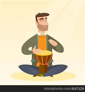 Man with closed eyes playing the ethnic drum. Caucasian mucisian playing the ethnic drum. Hipster man with beard playing ethnic music on the tom-tom. Vector flat design illustration. Square layout.. Man playing the ethnic drum vector illustration.