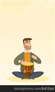 Man with closed eyes playing the ethnic drum. Caucasian mucisian playing the ethnic drum. Hipster man with beard playing ethnic music on the tom-tom. Vector flat design illustration. Vertical layout.. Man playing the ethnic drum vector illustration.