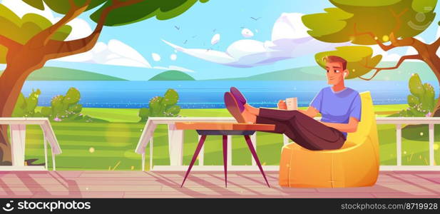 Man with coffee cup and earpods relax at outdoor home terrace with beautiful nature landscape summer field, trees and pond view. Male character rest at wooden fenced patio, Cartoon vector illustration. Man with coffee cup and earpods relax on terrace