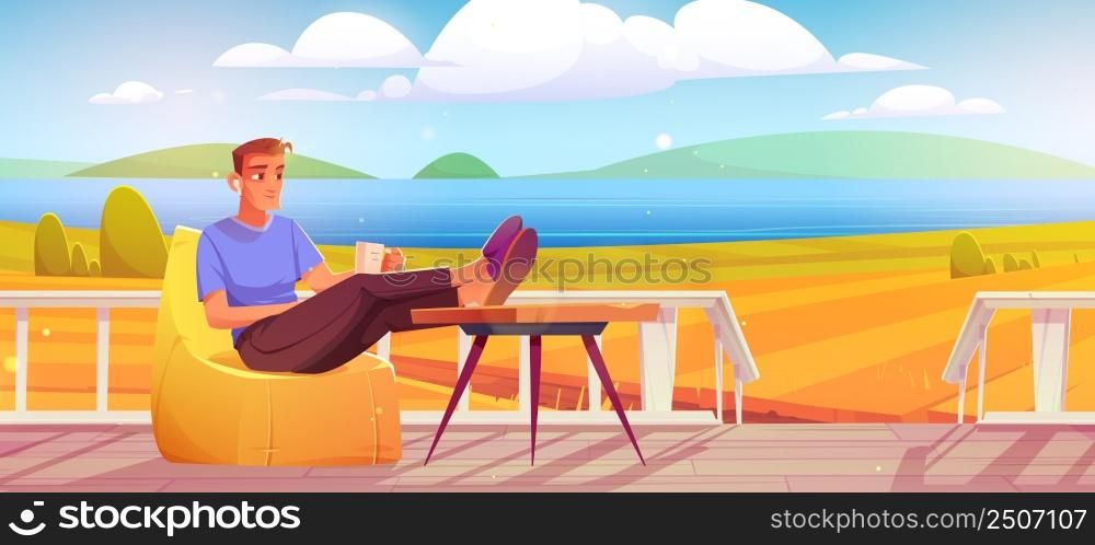 Man with coffee cup relax at outdoor home terrace with beautiful nature landscape autumn field and pond view. Male character rest at wooden farm or ranch patio with porch, Cartoon vector illustration. Man with coffee cup relax at outdoor home terrace