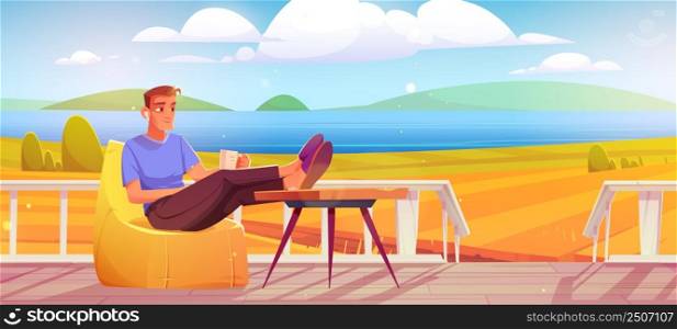 Man with coffee cup relax at outdoor home terrace with beautiful nature landscape autumn field and pond view. Male character rest at wooden farm or ranch patio with porch, Cartoon vector illustration. Man with coffee cup relax at outdoor home terrace