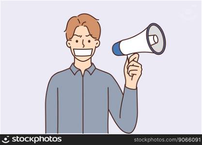 Man with cover on mouth hold megaphone protest for equality. Furious decisive guy with mouth closed holding loudspeaker in hands. Freedom of speech. Vector illustration. . Man with cover on mouth with megaphone 