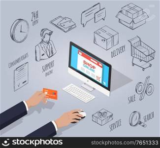 Man with credit card paying for online order. Personal computer and hands of client. Collection of monochrome icons for shops and stores. Clock and parcel, cart and percent, documents vector. Customer Buying Products Online Placing Order