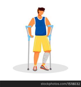 Man with crutches flat color vector faceless character. Physical injury. Leg cast for fractured bone. Bandages for muscle sprain. Healthcare. Rehabilitation isolated cartoon illustration