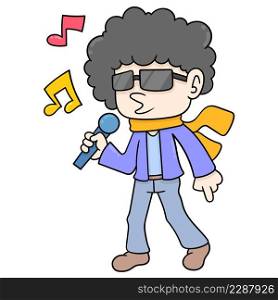 man with curly afro hair holding microphone to sing