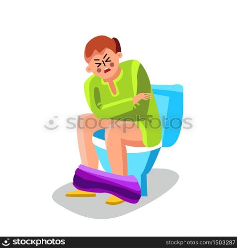 Man With Diarrhea Painful Sitting Toilet Vector. Stress Young Caucasian Guy With Diarrhea Stomach Ache Or Constipation Symptom. Character Health Problem, Disease Flat Cartoon Illustration. Man With Diarrhea Painful Sitting Toilet Vector