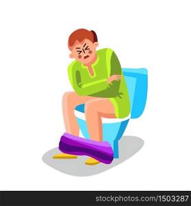 Man With Diarrhea Painful Sitting Toilet Vector. Stress Young Caucasian Guy With Diarrhea Stomach Ache Or Constipation Symptom. Character Health Problem, Disease Flat Cartoon Illustration. Man With Diarrhea Painful Sitting Toilet Vector