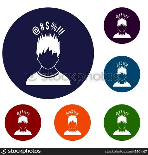Man with different signs over his head icons set in flat circle reb, blue and green color for web. Man with different signs over his head icons set