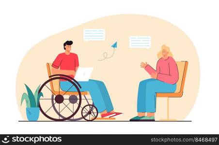 Man with disability communicating with woman online. Person sitting in wheelchair flat vector illustration. Communication in social media concept for banner, website design or landing web page. Man with disability communicating with woman online